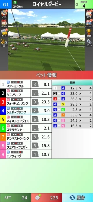 競馬メダルゲーム ロイヤルダービーのゲーム画面